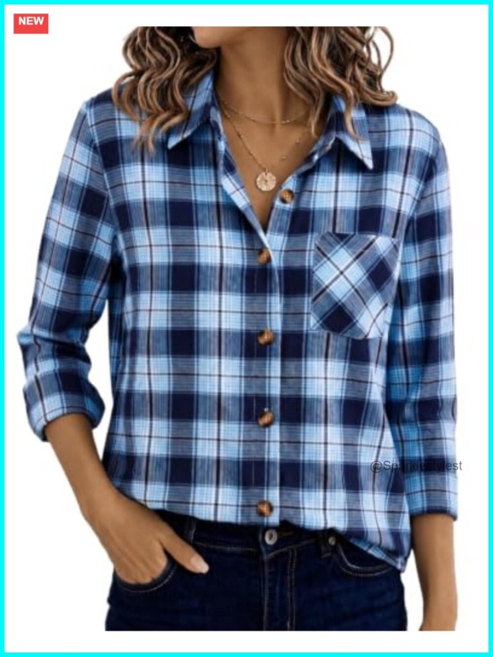 Plaid Button Down Shirt Long Sleeve Collared Blouse with Pocket